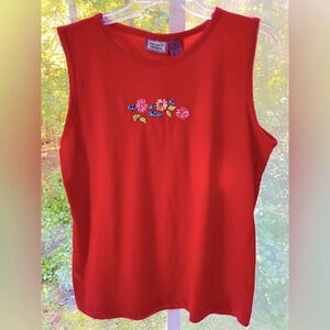 Premier International XL women’s RED tank w/embroidered floral design below neck